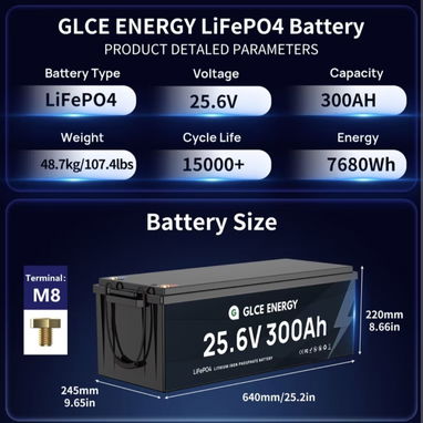 Batería de litio de 25.6V 300Ah (dimensiones: 640mm x 245mm x 220mm, peso: 48.7kg) - 3/6