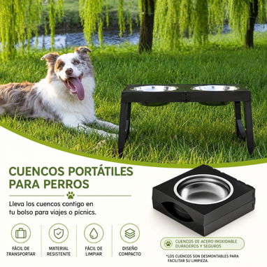 Comedero Doble Elevado Ajustable y Plegable con Tazones de Acero Inoxidable - 2/5