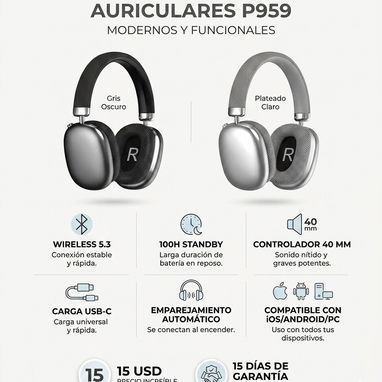 AURICULARES, audifonos, BLUETOOTH P959 Gris-Plateados, negros_15usd_vpt - Img 120229636