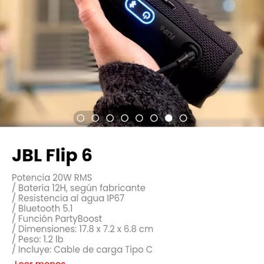 JBL Flip 6. Potencia 20W RMS / Batería 12H, según fabricante - 3/4