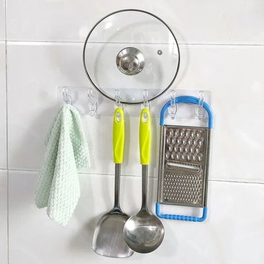 Adhesivo transparente pared con 6 ganchos para colgar utensilio. Flexible. Puede usarse en esquinas. Diseño minimalista. - Img 120608860