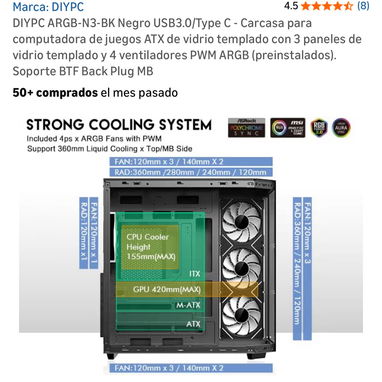 DIYPC ARGB-N3-BK Negro USB3.0/Type C - Carcasa para computadora de juegos ATX de vidrio templado con 3 paneles de vidrio - Img 108722972