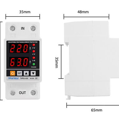 Braker y protector de alto y bajo voltage con relé y ajustable 63A 120V y 240v - 5/10