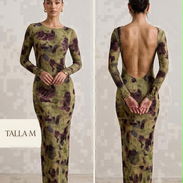 SOLO TALLA M. Vestido largo ceñido de manga larga, con estampado verde y marrón - Img 57134400