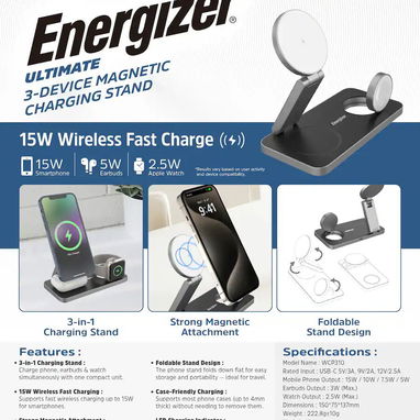 CARGADOR INALÁMBRICO ENERGIZER 3 EN 1 MAGSAFE QI2 15W IPHONE AIRPODS WATCH ENVÍO DISPONIBLE + GARANTÍA - 6/10