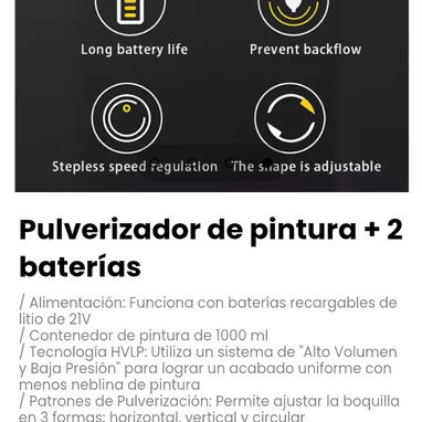 Pulverizador de pintura + 2 baterías. Funciona con baterías recargables de litio de 21V - 3/3