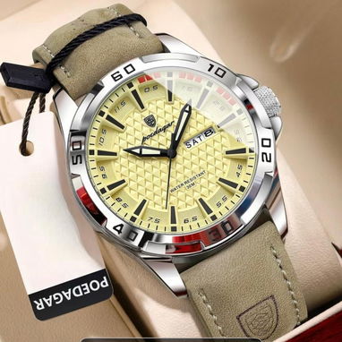 Reloj para hombre, pulsera de cuero ,esfera amarilla, de  cuarzo, elegante, ideal para trabajo, regalo. - 2/2
