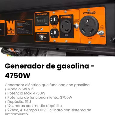 Generador de gasolina - 4750W. Depósito: 15Lt - 4/7