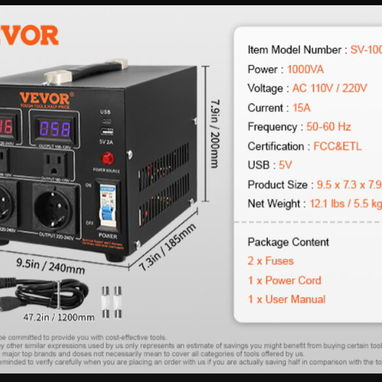 Transformador Convertidor de Voltaje VEVOR 1000W 110V-220V | MENSAJERÍA INCLUIDA - Img 122435074