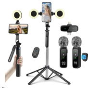 Content Creator Kit de vlogging, trípode de metal para selfie stick de 70.9 in con micrófonos ligeros e inalámbricos - Img 56778402