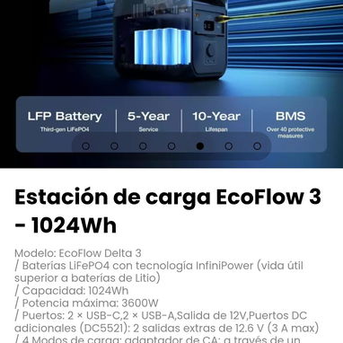 Estación de carga EcoFlow 3 - 1024Wh. Baterías LiFePO4 con tecnología InfiniPower, vida útil superior  baterías de Litio - 5/7
