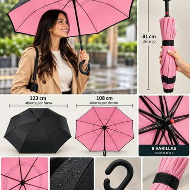 Sombrilla Inversa con Mango en C – 8 varillas  Precio: 15 USD  ¡Protégete de la lluvia con comodidad y estilo - 2/5