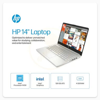Laptop HP 14", Procesador Intel N150 (Modelo: 14-dq6105dx) 4 GB RAM, 128 GB UFS - Plateado (Nuevo) 🔶 $285 - 4/5