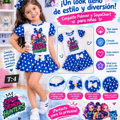 PROMO CONJUNTOS PARA NIÑA 👧 Conjunto Pulover y Saya-Short 1️⃣ Azul con lunares blancos: falda con vuelos estampado cath - 6/7