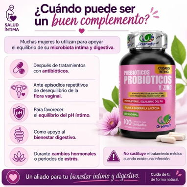 Suplemento Cuidado íntimo Prebióticos Probióticos y Zinc Equilibrio PH y olor vaginal, Microbiota, Bienestar digestivo - 2/7