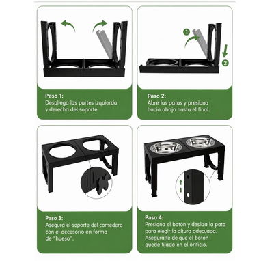 Comedero Doble Elevado Ajustable y Plegable con Tazones de Acero Inoxidable - 3/5