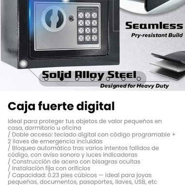 Caja fuerte digital. Doble acceso: teclado digital con código programable + 2 llaves de emergencia incluidas - 2/6