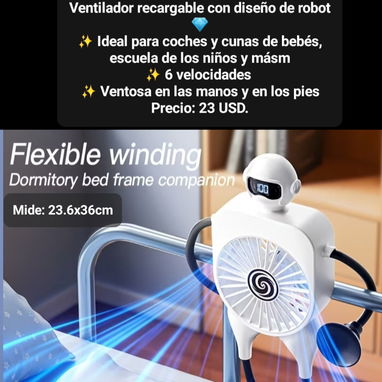 Ventilador recargable para cuna y coches de bebé. Es en forma de robot, las manos y pies se adaptan a cualquier lugar - 2/2