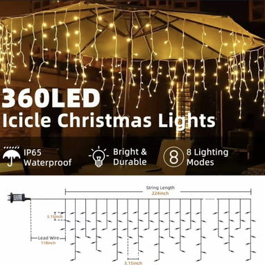 Tira de luces de carámbano de Navidad de 29 pies, 360 luces LED de Navidad cálidas – Luces de Navidad para exteriores, c - Img 123709223