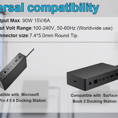 Cargador de fuente de alimentación de 90W 15V 6A compatible con Microsoft Surface Pro 4 5 6 Dock Station 53274327 - 9/10