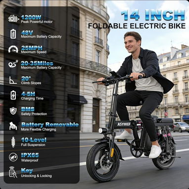 Bicicleta Eléctrica Plegable 14” 1200W 24MPH Batería 48V 10Ah Suspensión y Frenos de Disco - 2/2