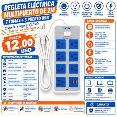 58296067  🔌 REGLETA ELÉCTRICA MULTIPUERTO DE 2M S.P.C 💰 PRECIO: 12 USD 🛡️ GARANTÍA: 7 días - 3/3