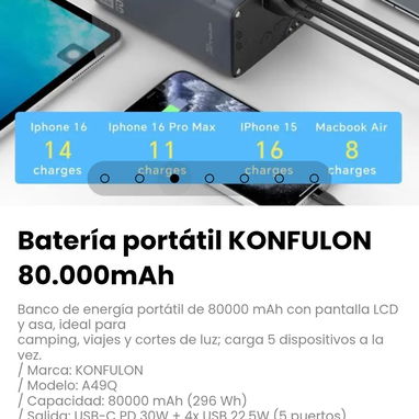Batería portátil KONFULON 80.000mAh. Capacidad: 80000 mAh (296 Wh) - 3/6