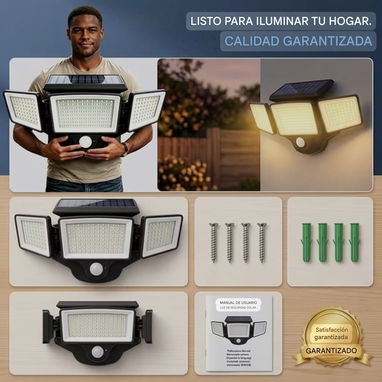 Lámpara Solar Exterior Con Sensor De Movimiento 3 Cabezales Ajustables IP65 Para Seguridad - 7/8