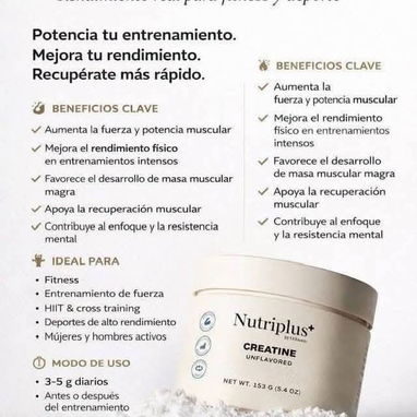CREATINA NUTRIPLUS 150gr 30 servings Monohidratada (99.97%), Vitamina B6 (0.03%). - Img 125113144