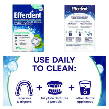 Tabletas Efferdent para la limpieza de prótesis bucales, aparatos dentales 126 tabletas - Img 101984418