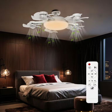 Lámpara con Bombilla,y ventilador de techo atornillada E27 2 en 1 con mando Diseño de 4 cabezales, LED/Diana - 2/7