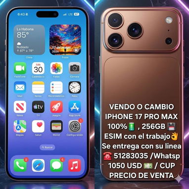 Vendo o Cambio , IPHONE 17 pro max , 1000 usd , se emtrega con su linea puesta , 51283035 - Img 124491591