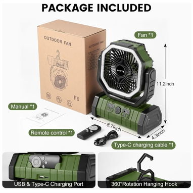 Ventilador recargable F6, 20000mAh. Función de PowerBank. Hasta 58 horas de uso por carga. Luz de 32 LED. - 9/9