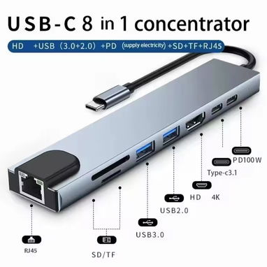HUB TIPO C CON 8 PUERTOS (HDMI/RED/TARJETA/USB 3.0/ PUERTO C CARGA Y TRANSFERENCIA DE DATOS. COMPATIBLES CON MAC. - Img 123467687