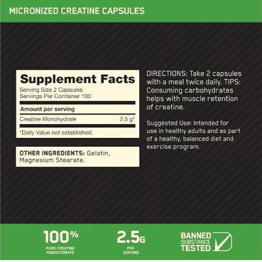 🌟 Creatina Micronizada Optimum Nutrition en Cápsulas – 200 cápsulas (100 porciones, 2.5 g cada una) 🌟 - Img 125848946