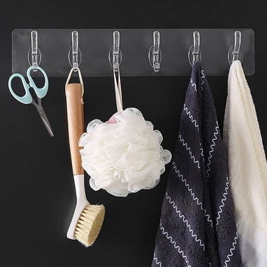 Adhesivo transparente pared con 6 ganchos para colgar utensilio. Flexible. Puede usarse en esquinas. Diseño minimalista. - Img 118576447