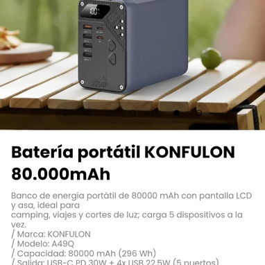 Batería portátil KONFULON 80.000mAh. Capacidad: 80000 mAh (296 Wh) - 5/6