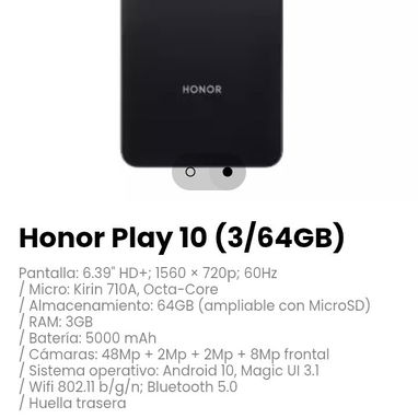 Honor Play 10 (3/64GB). Almacenamiento: 64GB (ampliable con MicroSD) - 2/2