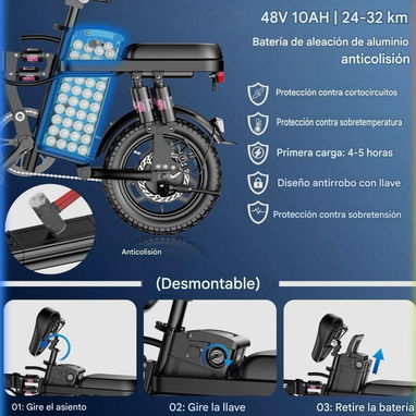 Bicicleta Eléctrica Plegable 14" 1200W 24MPH Batería 48V 10Ah Suspensión y Frenos de Disco🔴‼️OFERTA‼️🔴Quedan pocas. - 6/6