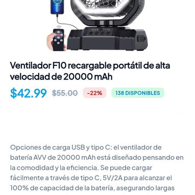 Ventilador F10 Recargable portátil de alta velocidad de 20000 mAh. - 6/6