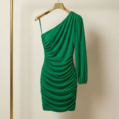 Vestido Corto Asimétrico Drapeado - Elegancia en Verde Esmeralda Talla M 25 - Img 123368259