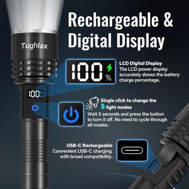 🔦 LINTERNA TUGHLAX TL004 RECARGABLE LCD 5 MODOS ZOOM LED – ENVÍO DISPONIBLE + GARANTÍA - 5/8