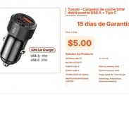 Cargador de Coche Toocki Dual: USB-A 30W y Tipo C 20W por Solo $5.00 VPT#-0332 - Img 55667443