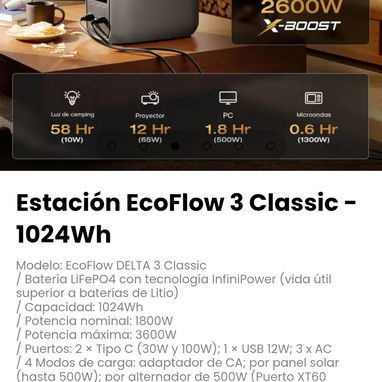 Estación EcoFlow 3 Classic - 1024Wh Modelo: EcoFlow DELTA 3 Classic - 3/6
