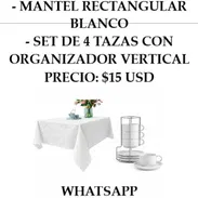 SET DE HOGAR ELEGANTE, MANTEL RECTANGULAR BLANCO + SET DE 4 TAZAS CON ORGANIZADORES ENTREGA DE FACTURA - Img 55177295