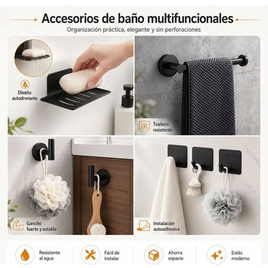 Juego accesorios de baño color negro . - 4/4