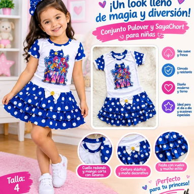 PROMO CONJUNTOS PARA NIÑA 👧 Conjunto Pulover y Saya-Short 1️⃣ Azul con lunares blancos: falda con vuelos estampado cath - 2/7