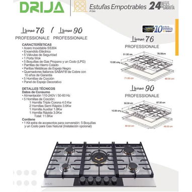 Estufa Gas Empotrable Milan Drija 76x76cm *PRECIO: 140 USD* - Img 112036373