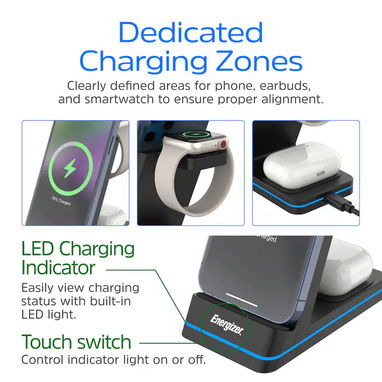 CARGADOR INALÁMBRICO ENERGIZER 3 EN 1 QI 15W RGB IPHONE AIRPODS APPLE WATCH ENVÍO DISPONIBLE + GARANTÍA - 4/10