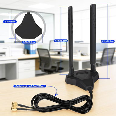 Eightwood Antena WiFi 7 + Bluetooth 5.4. WiFi 6E Tri-Band. 2.4GHz 5GHz 6GHz. Conector RP-SMA. Antena con base magnética - Img 120608388
